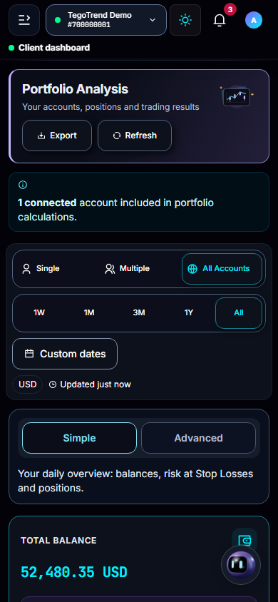 Real capture of the responsive web portfolio page at phone size, showing open positions with live profit and combined account balance