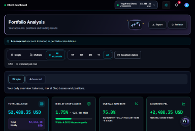 Thumbnail of Portfolio Analysis with the equity curve, win rate, profit factor and open positions of the synthetic demo account