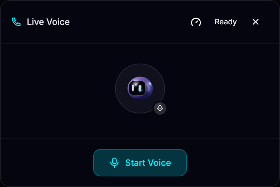 Real capture of the Live Voice session card in the chat workspace, idle and ready: the Tego avatar, the speech-speed selector at 1x, the Ready state and the Start Voice button